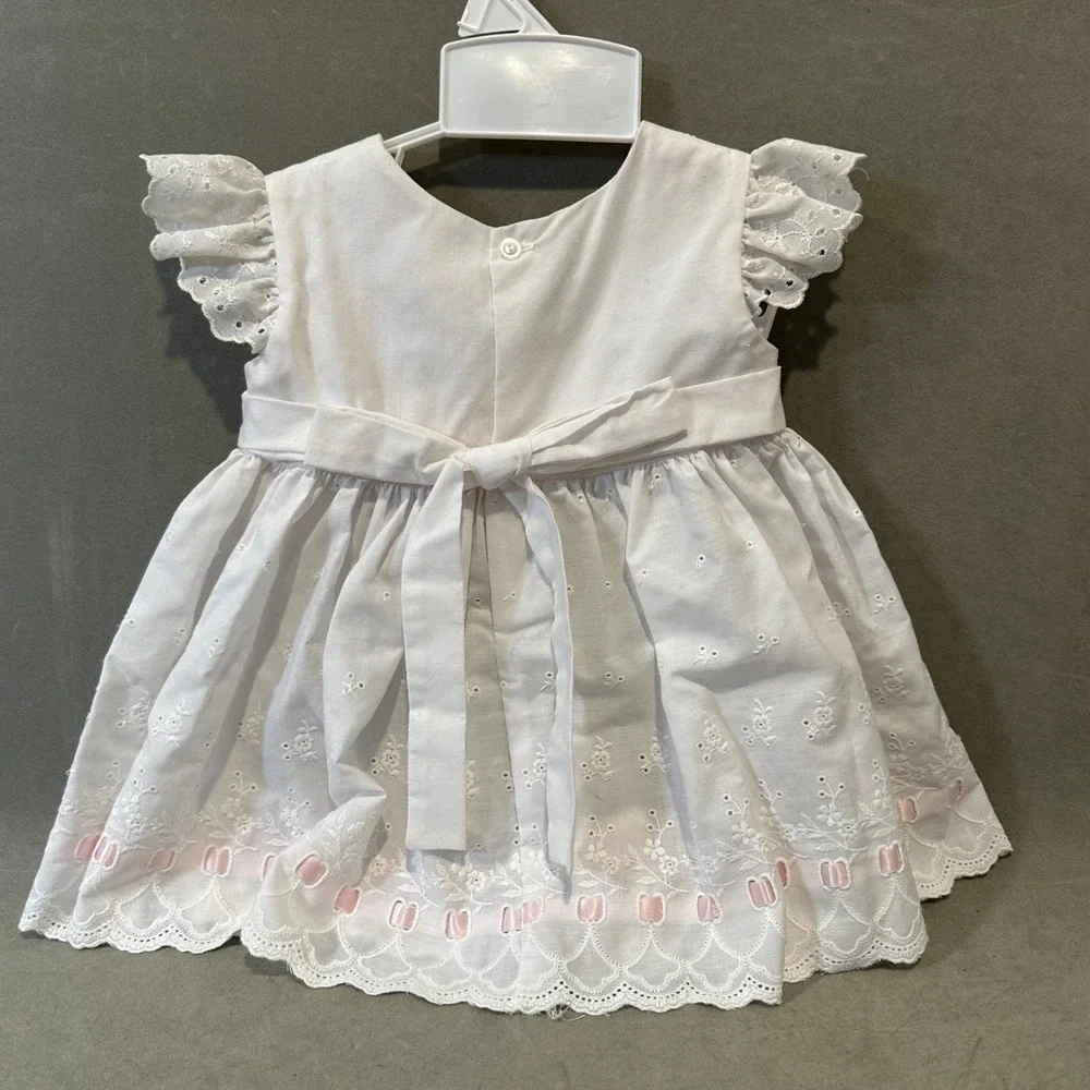 Vintage‎ Baby Girl White Eyelet Lace Dress Bloomers Set Pink Ribbon 12 Months